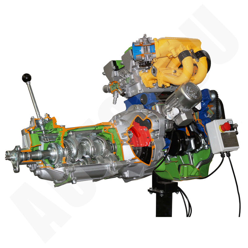 16 valve 4 cylinders fiat engine with multi-point electronic injection + gearbox 5 forward speeds + reverse cutaway Educational Trainer AE34805E AutoEDU